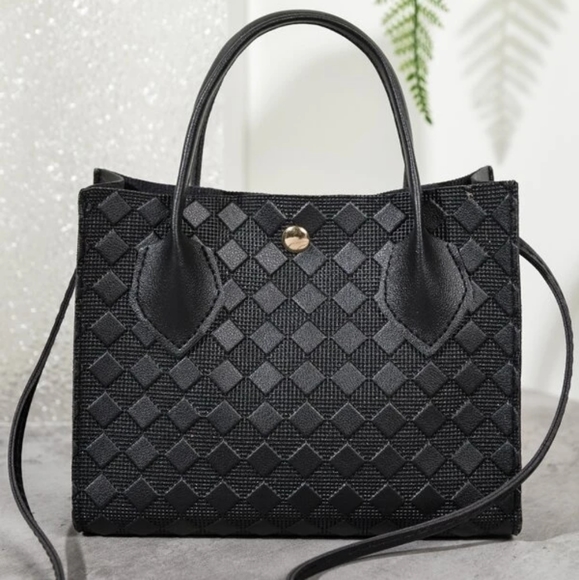 Handbags - NWOT Black Textured Bag Checkered Faux Leather Purse Top Handle Crossbody Small
